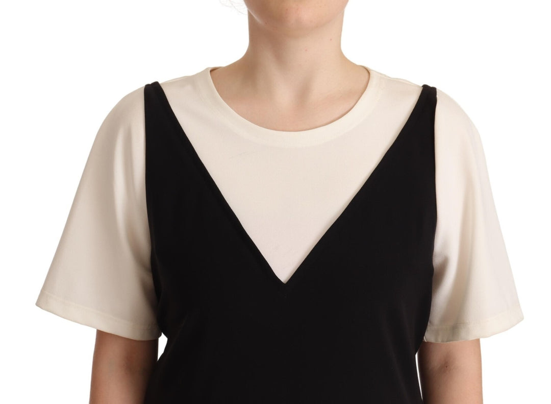 Black White Polyester Short Sleeves Top Blouse