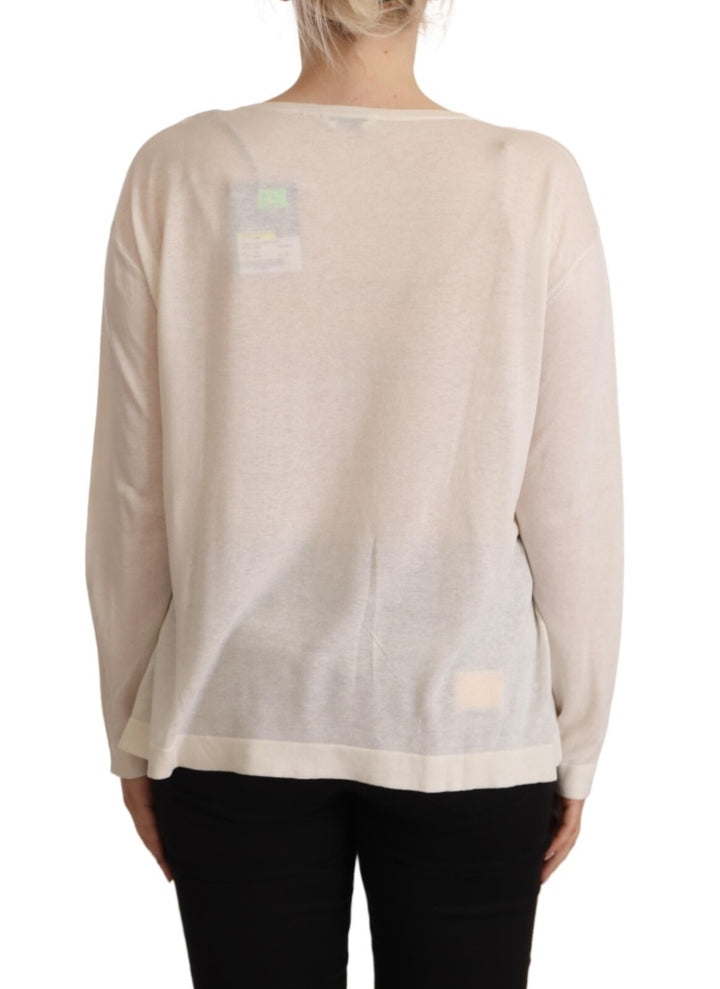 Off White Long Sleeves Round Neck Pullover Sweater