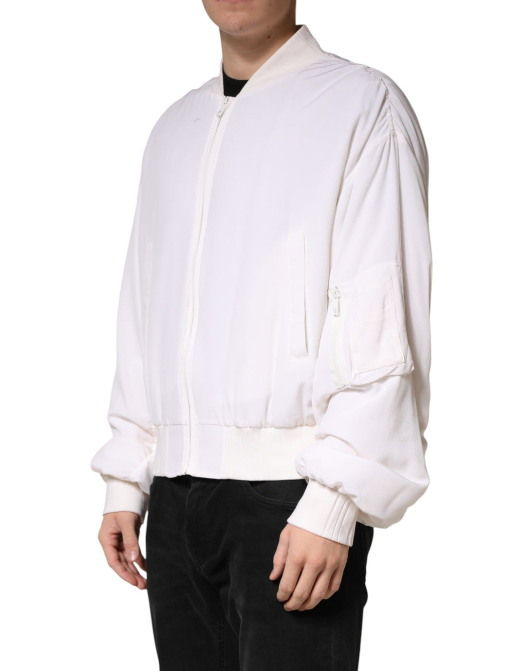 White Silk Full Zip Bomber Blouson Jacket