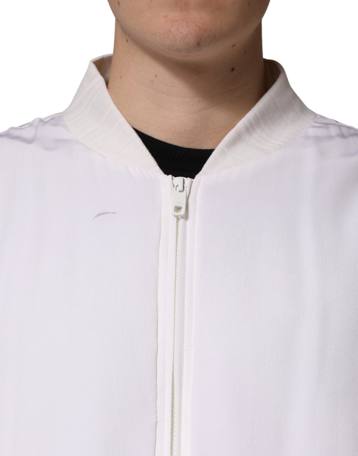 White Silk Full Zip Bomber Blouson Jacket