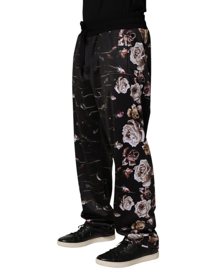 Black Floral Straight-Leg Chino Trouser Pants
