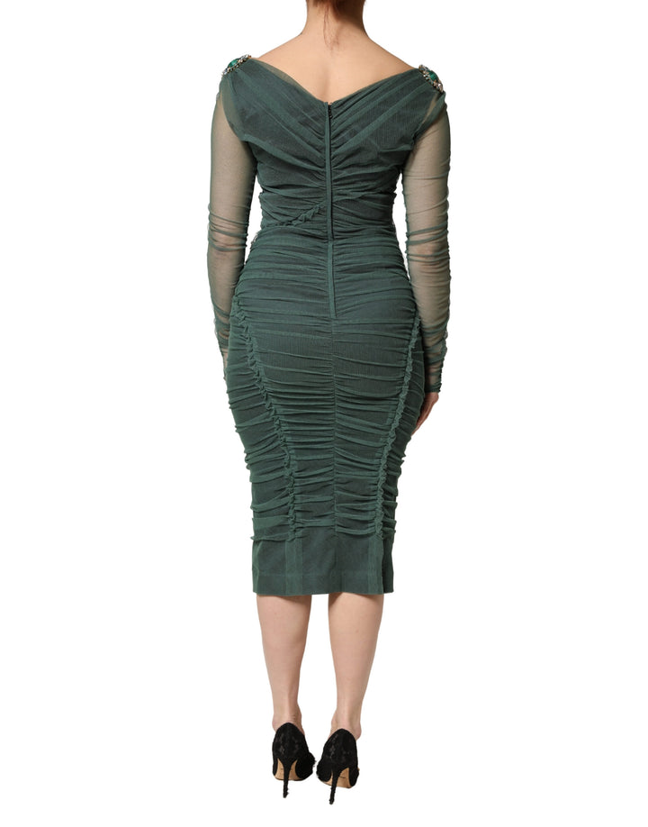 Green Ruched Mesh Sheer Sleeves Midi Dress