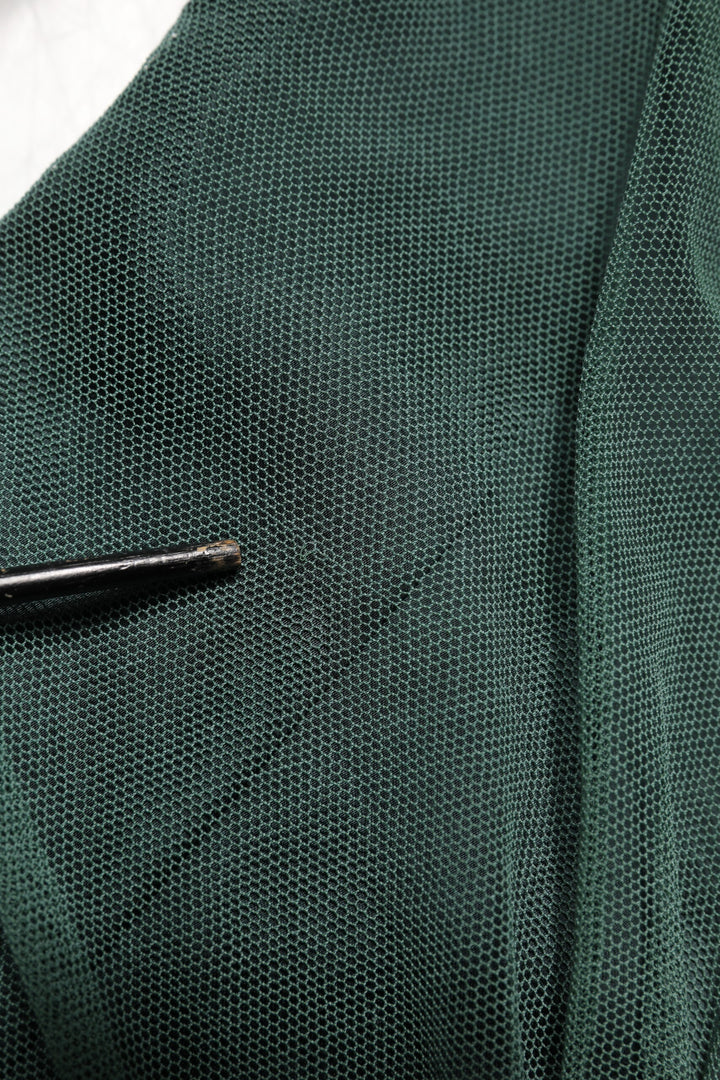 Green Ruched Mesh Sheer Sleeves Midi Dress