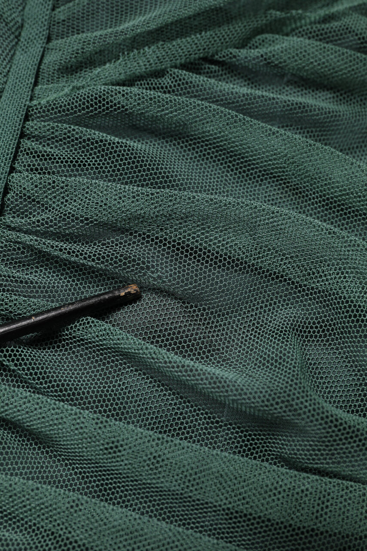 Green Ruched Mesh Sheer Sleeves Midi Dress