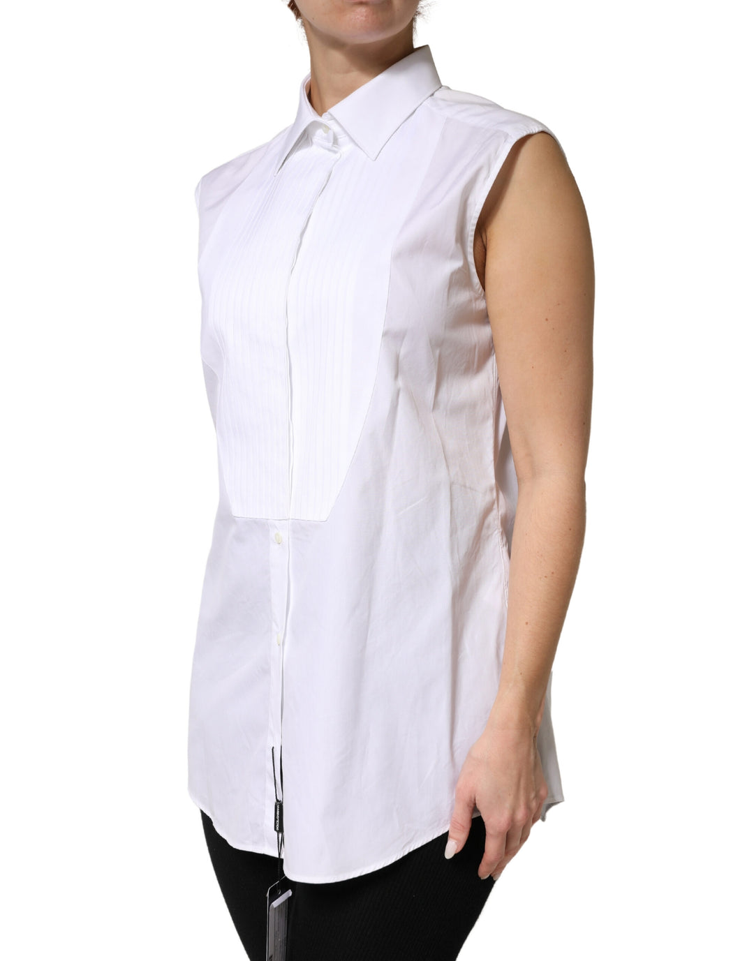 White Cotton Pleated Sleeveless Button Down Top