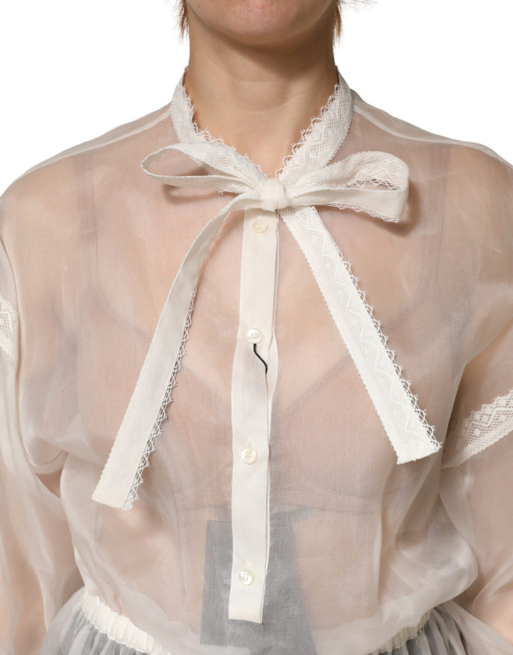 White Sheer Silk Blouse Lace Bow Tie Blouse Top