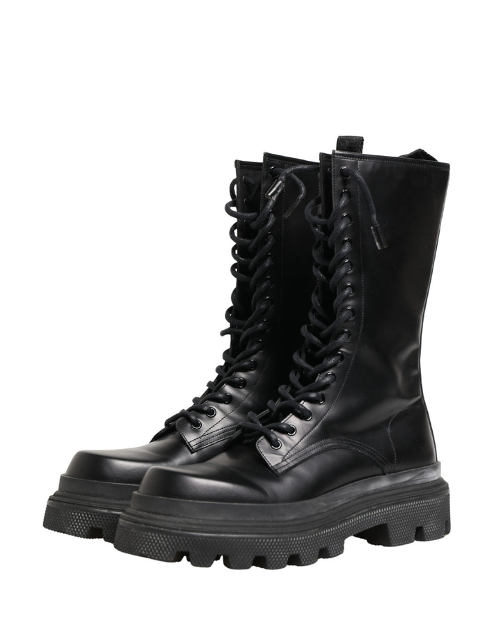 Black Leather Trek Sole Combat Boots Shoes