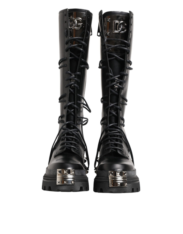 Black Leather Knee High Combat Boots Shoes