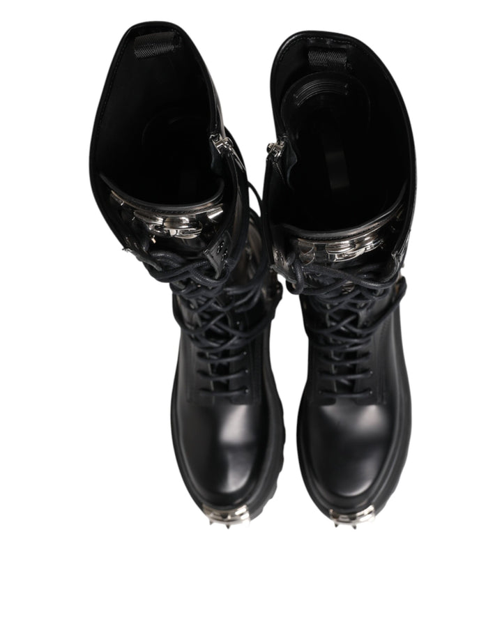 Black Leather Knee High Combat Boots Shoes