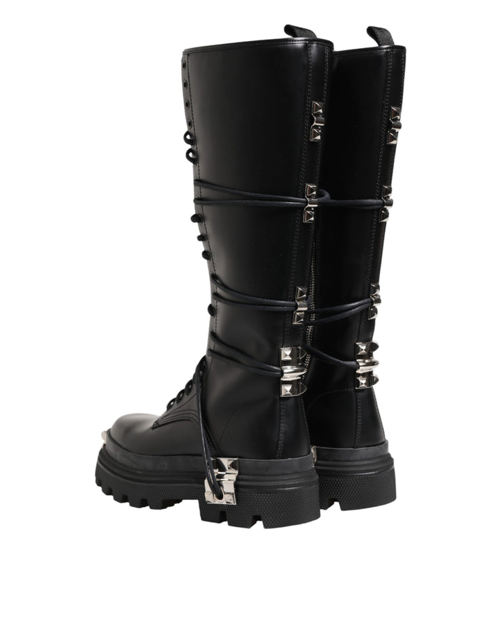 Black Leather Knee High Combat Boots Shoes