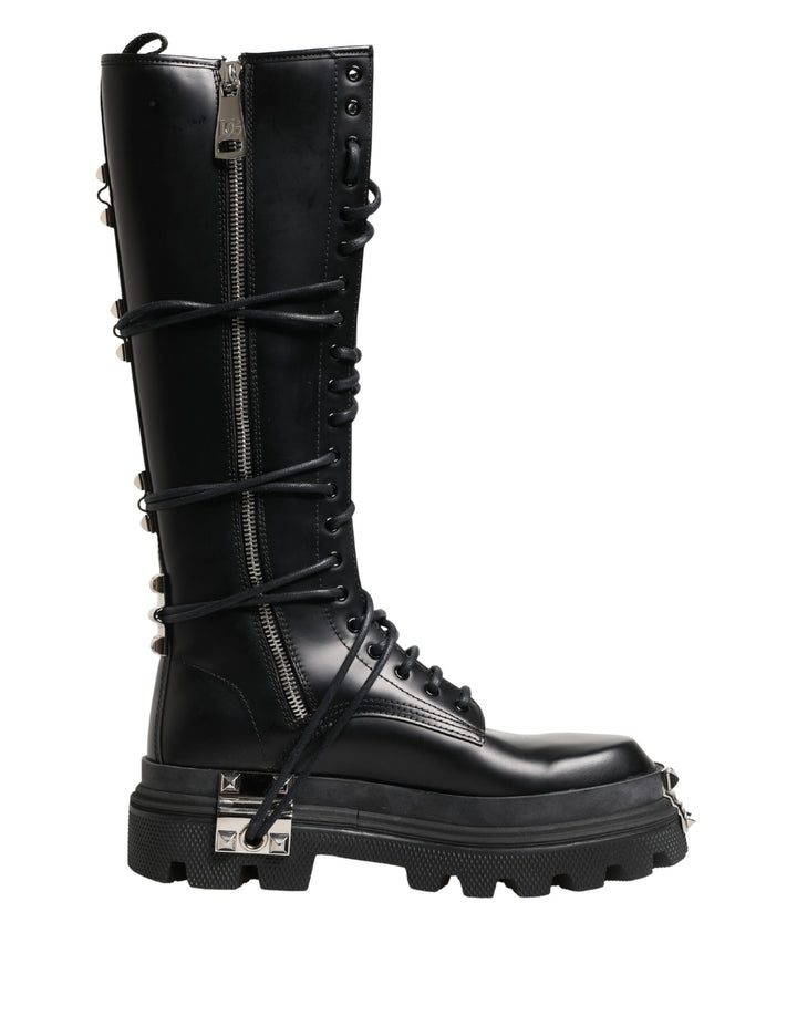 Black Leather Knee High Combat Boots Shoes