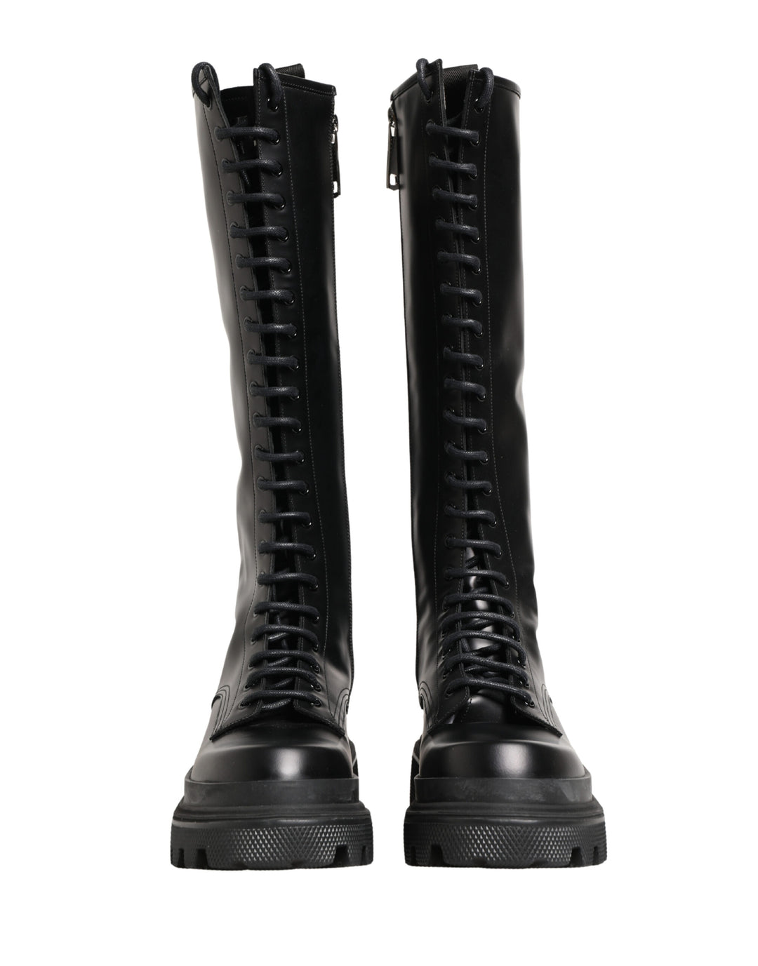 Black Leather Knee High Lace Up Boots Shoes