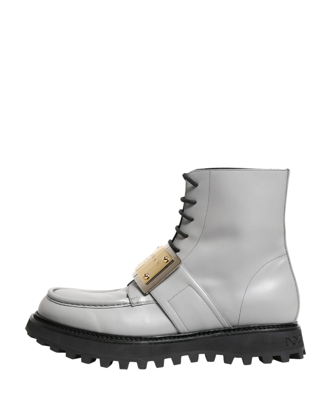 Gray Leather Logo Plaque Ankle Boots Shoes