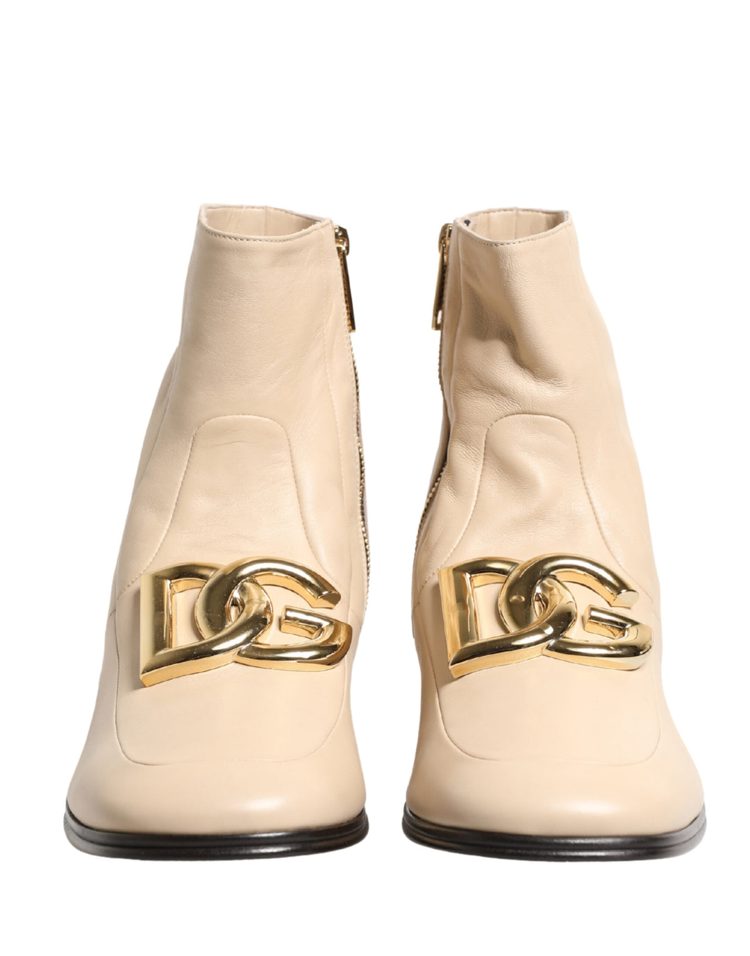 Beige Leather Logo Plaque Ankle Boots Shoes