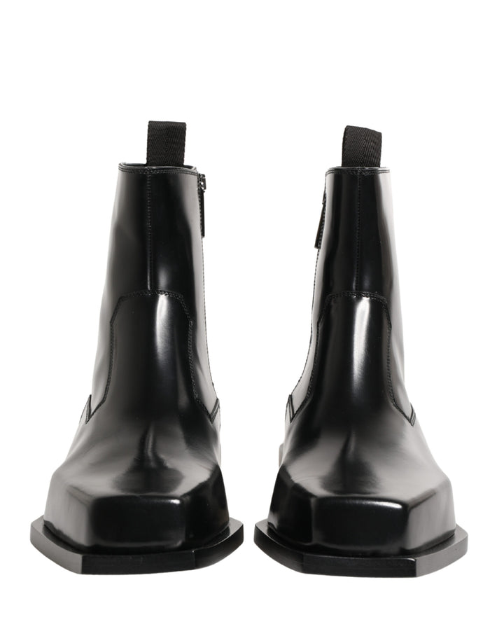 Black Leather Zip Closure Ankle Boots Shoes