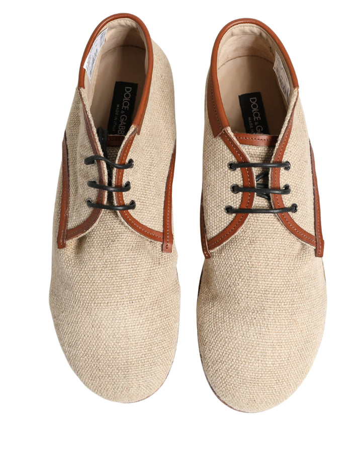 Beige Canvas Leather Trim Dress Derby Shoes