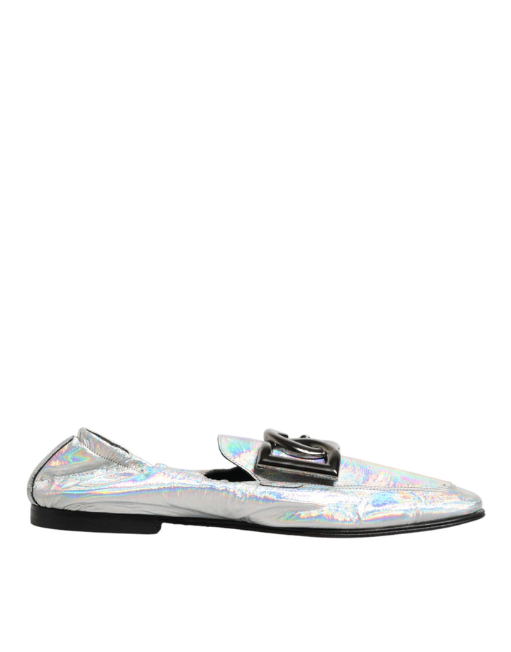 Silver DG Logo Holographic Leather Loafers Shoes