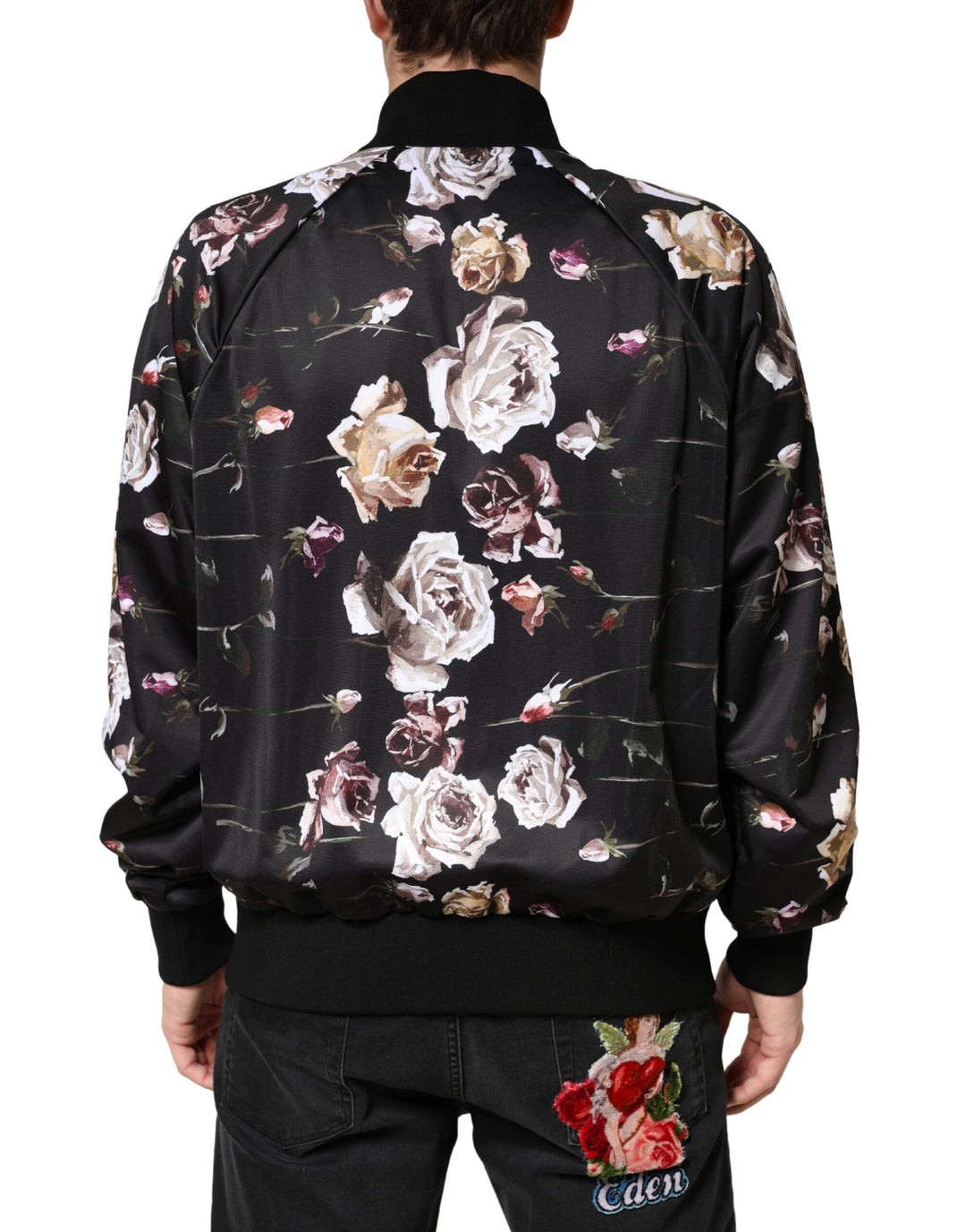 Black Floral Polyester Full Zip Bomber Jacket