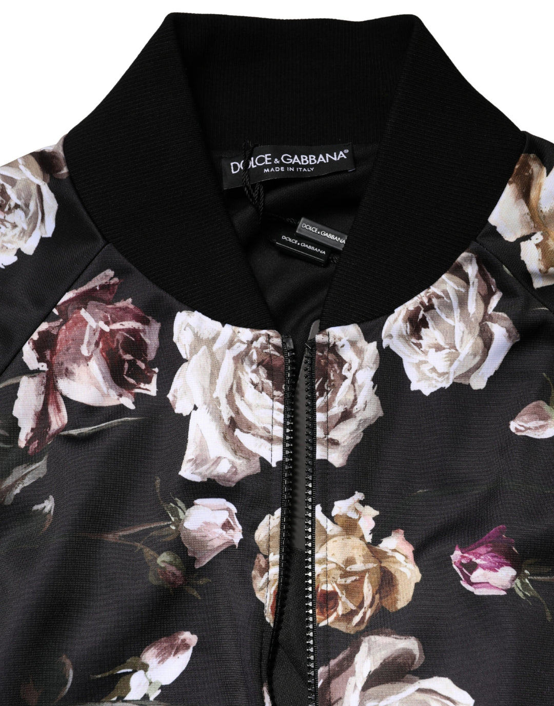 Black Floral Polyester Full Zip Bomber Jacket