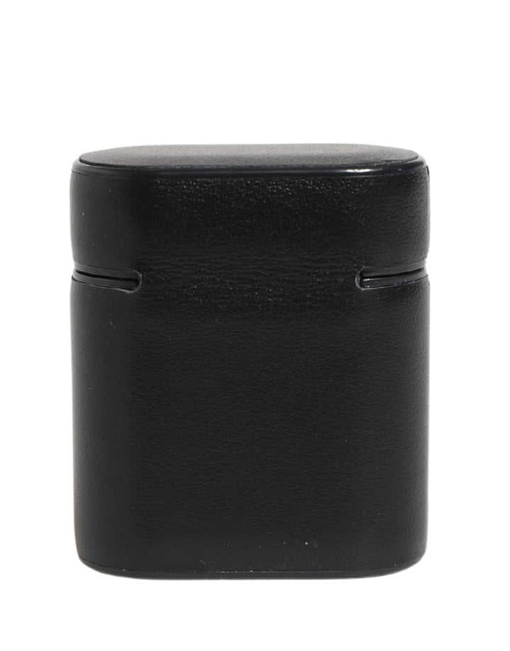 Black Calf Leather Logo Print Flip Holder Airpods Case