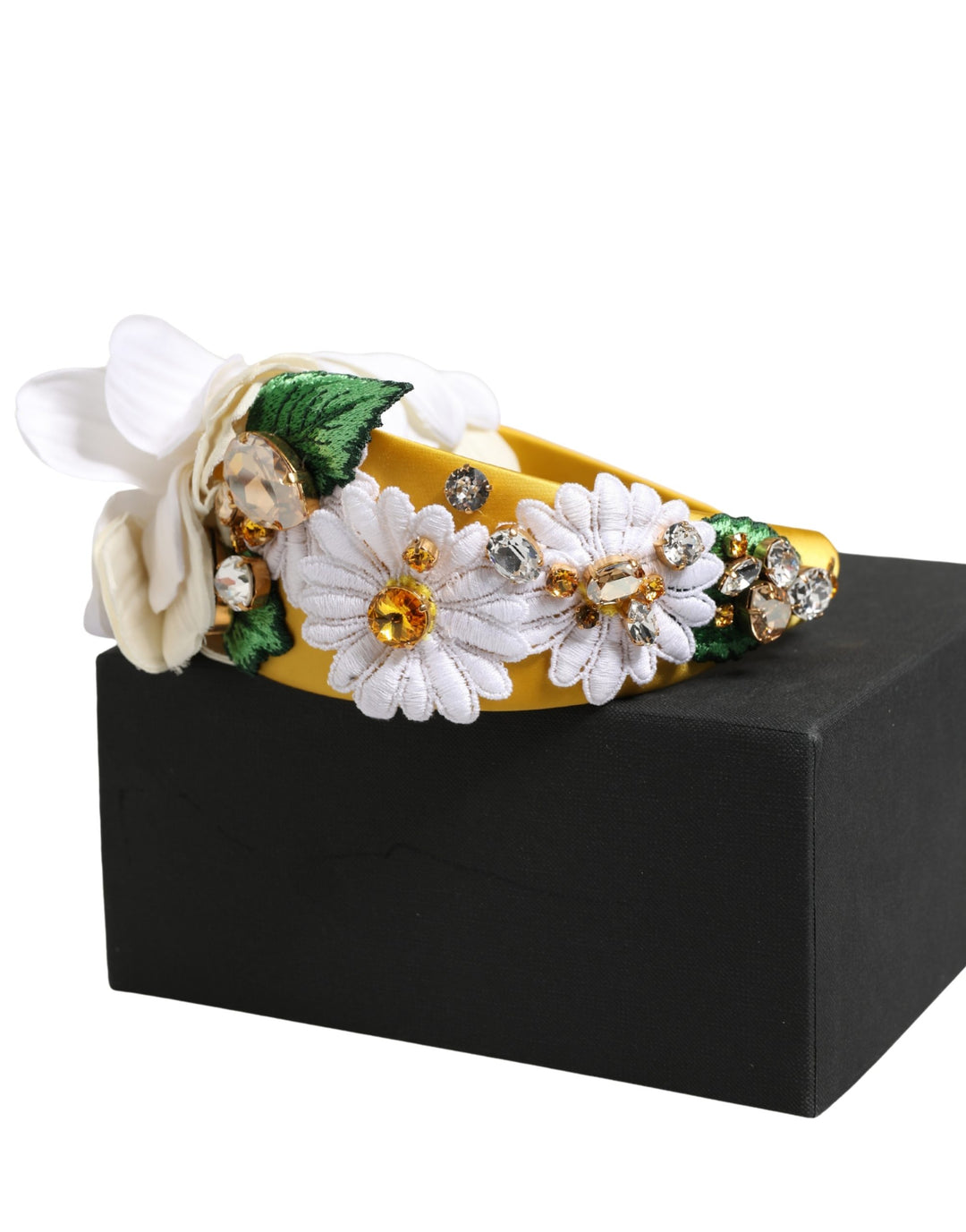 White Yellow Silk Blend Floral Crystals Diadem Headband