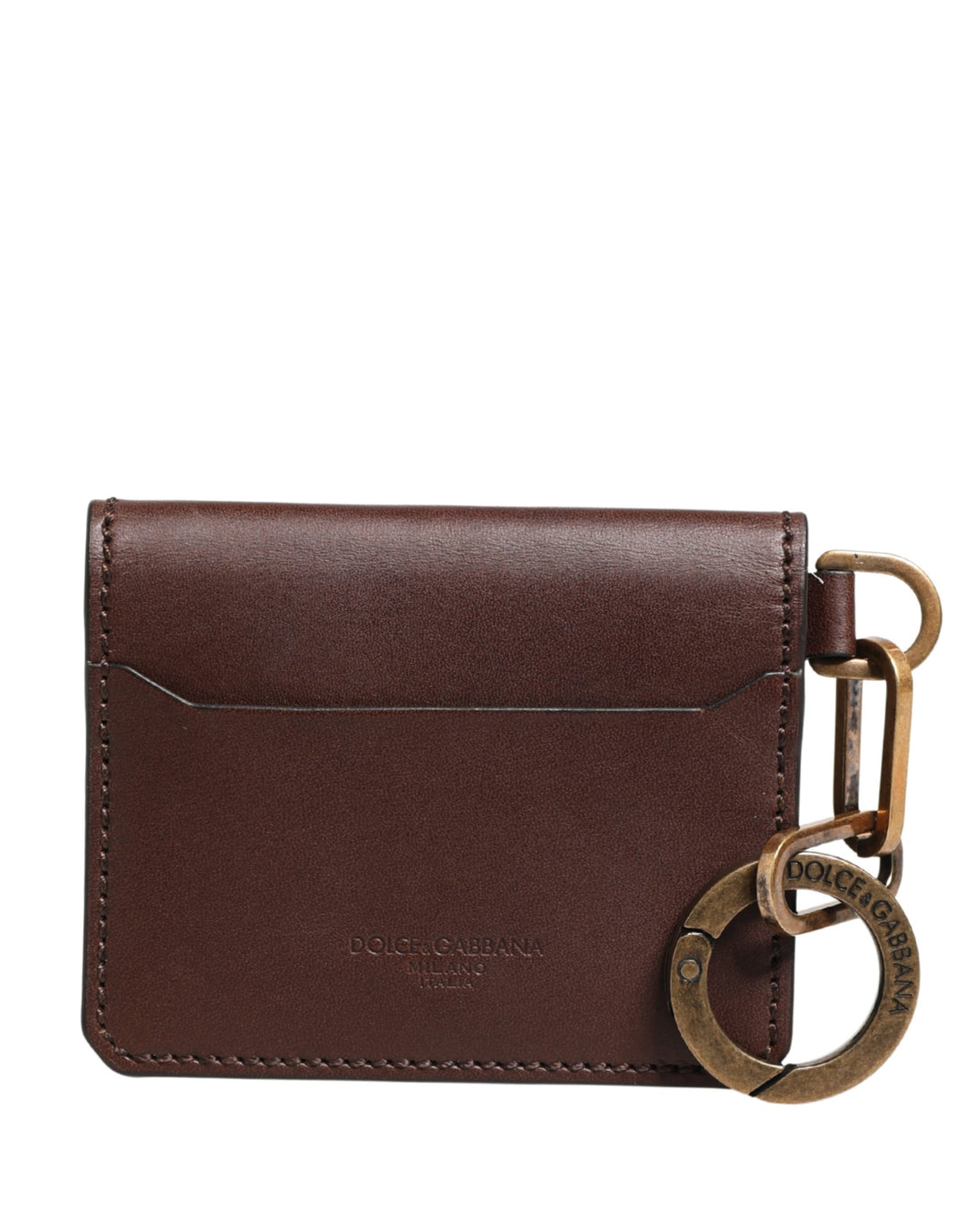 Brown Leather Logo Embossed Key Chain Card Holder Wallet