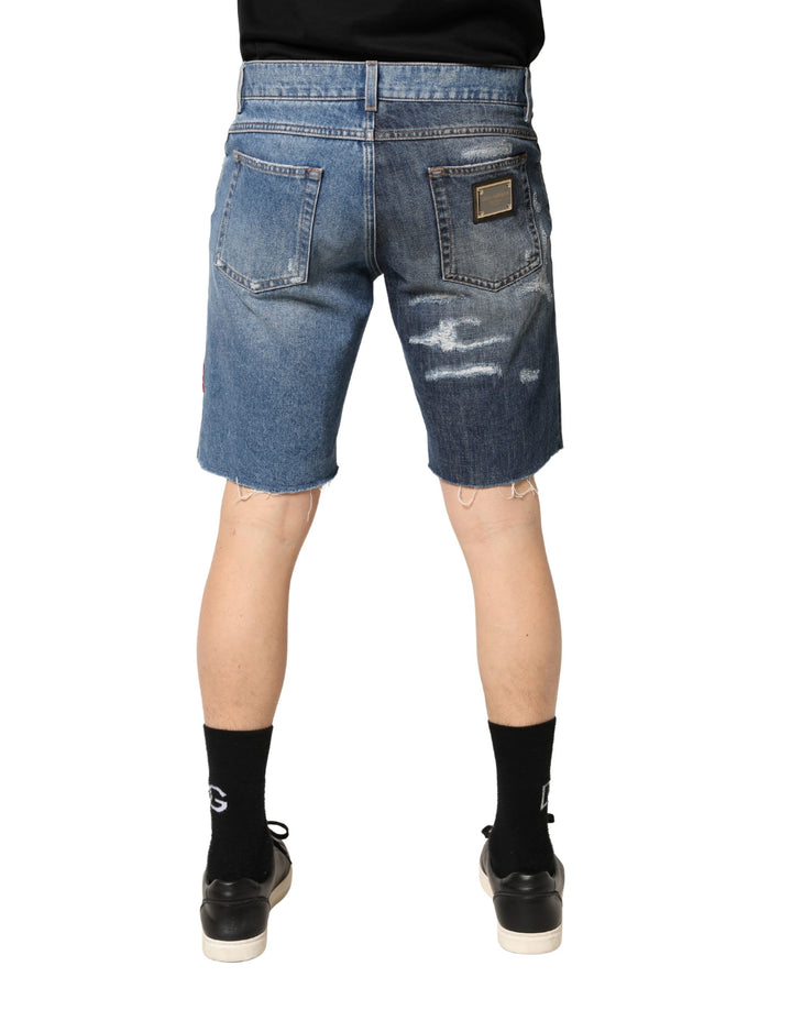 Blue Floral Embroidery Tattered Denim Shorts