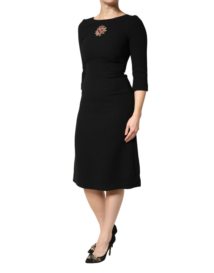 Black Wool Sacred Heart Patch Midi Dress