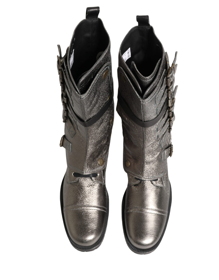 Metallic Silver Combat Biker Mid Calf Boots Shoes