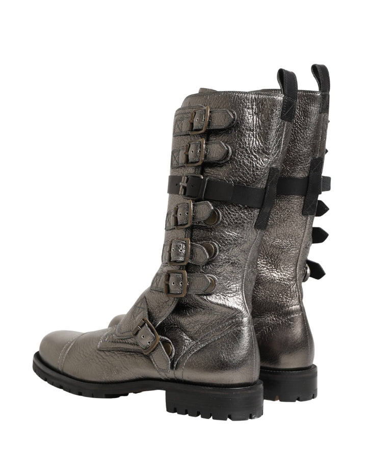 Metallic Silver Combat Biker Mid Calf Boots Shoes