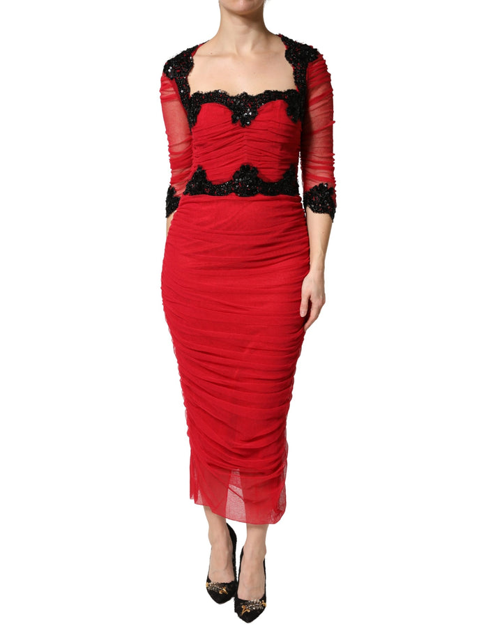 Red Mesh Trim Bodycon Sheath Midi Dress