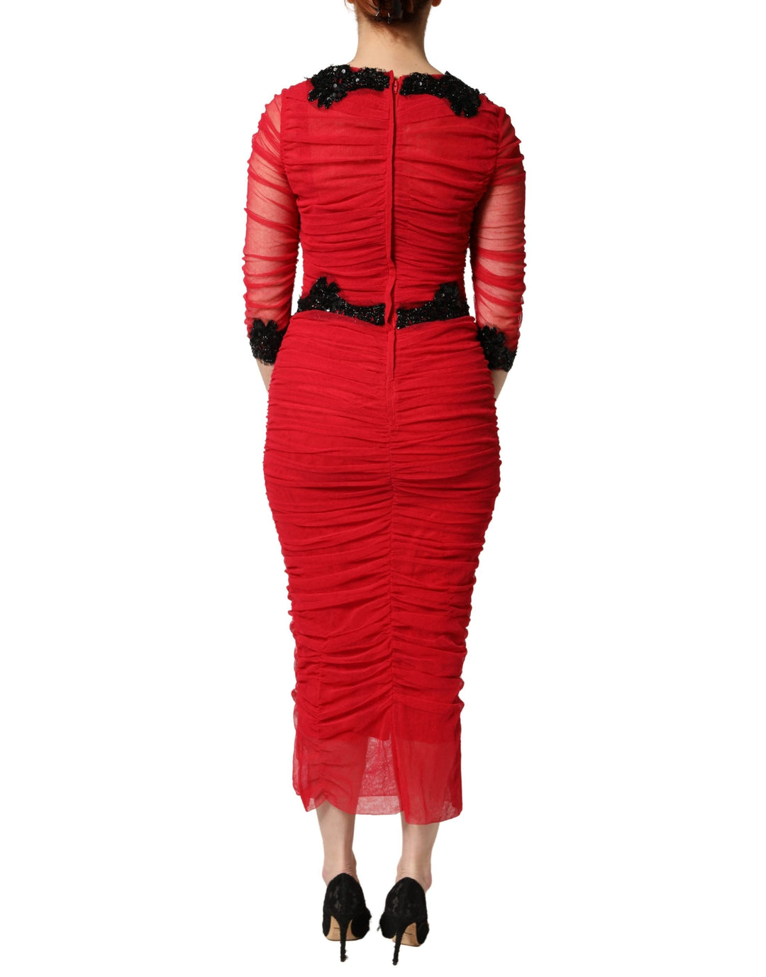 Red Mesh Trim Bodycon Sheath Midi Dress