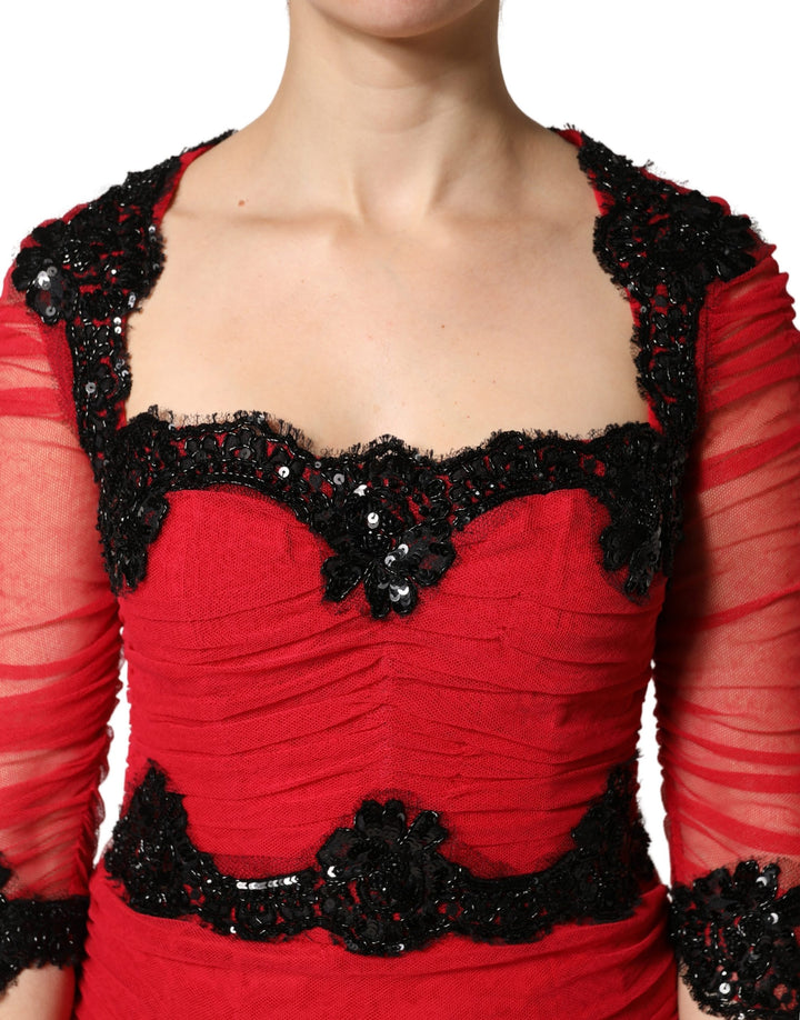 Red Mesh Trim Bodycon Sheath Midi Dress