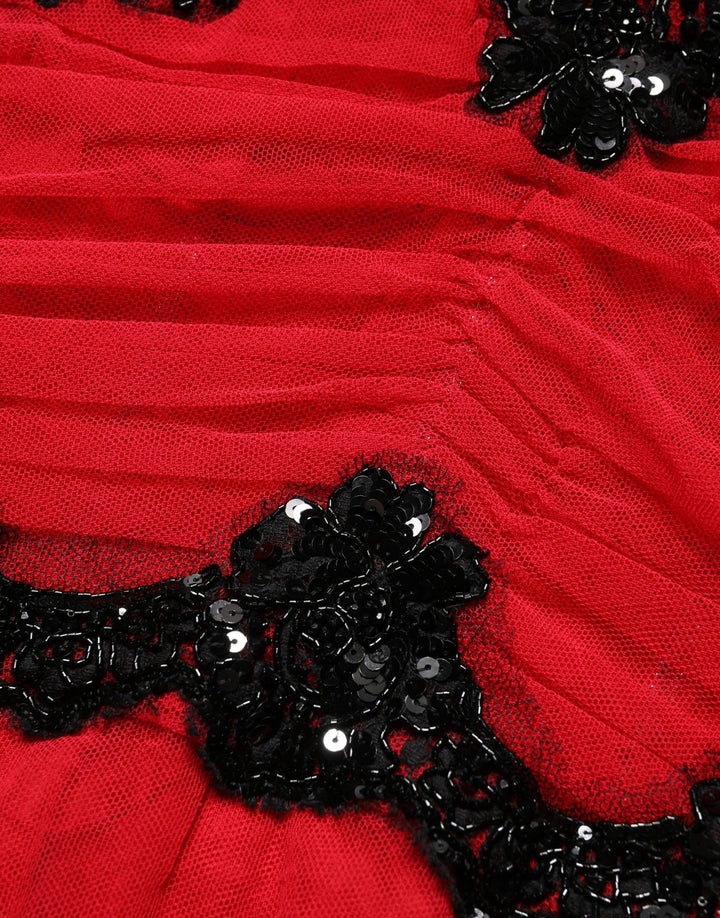 Red Mesh Trim Bodycon Sheath Midi Dress