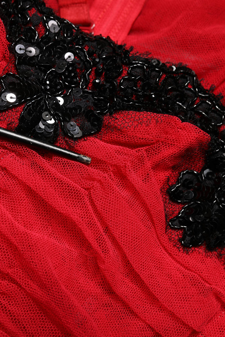 Red Mesh Trim Bodycon Sheath Midi Dress