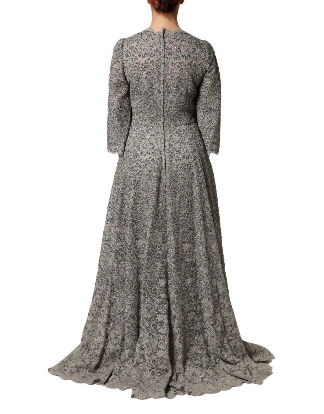 Gray Lace Long Sleeves Cotton Maxi Dress