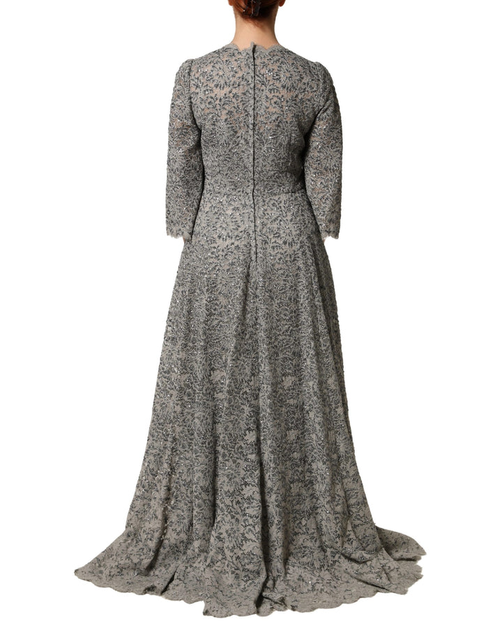 Gray Lace Long Sleeves Cotton Maxi Dress