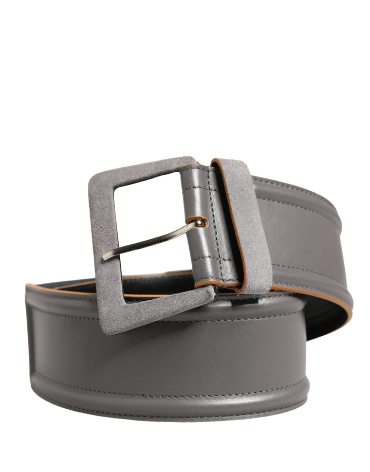 Gray Genuine Leather Square Silver Metal Buckle Belt