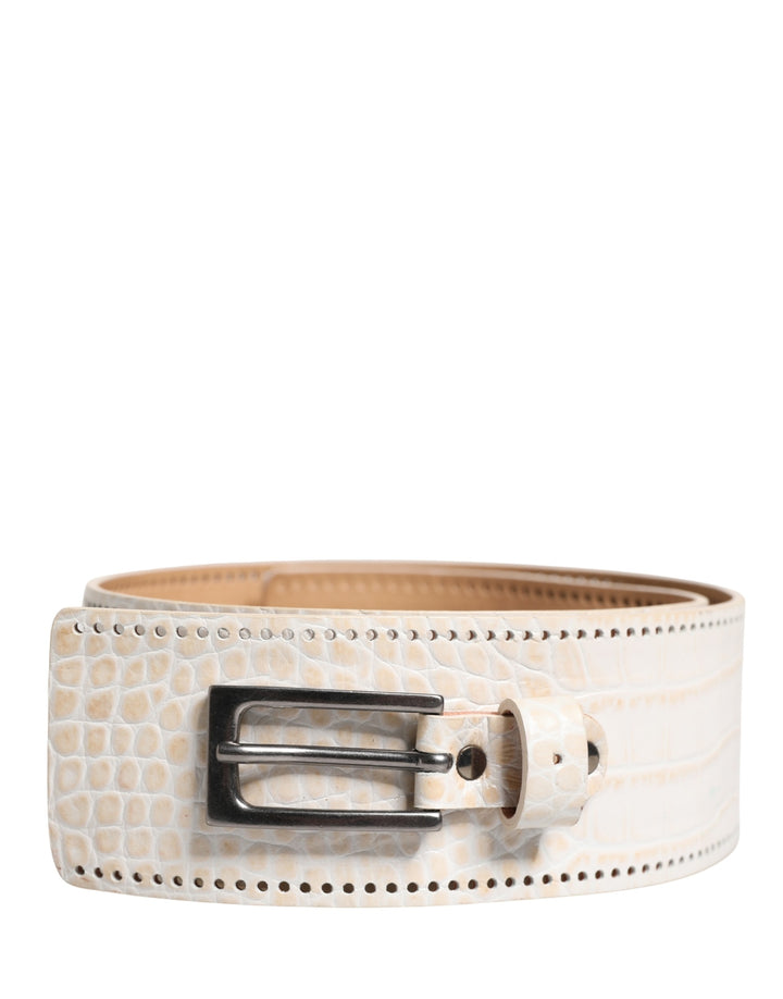 White Textured Leather Wide SilverMetal Buckle Belt