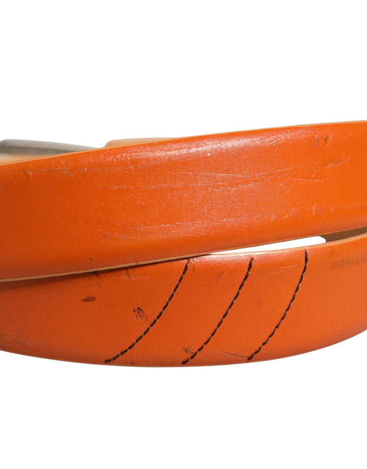 Orange Genuine Leather Silver Metal Buckle Waist Belt