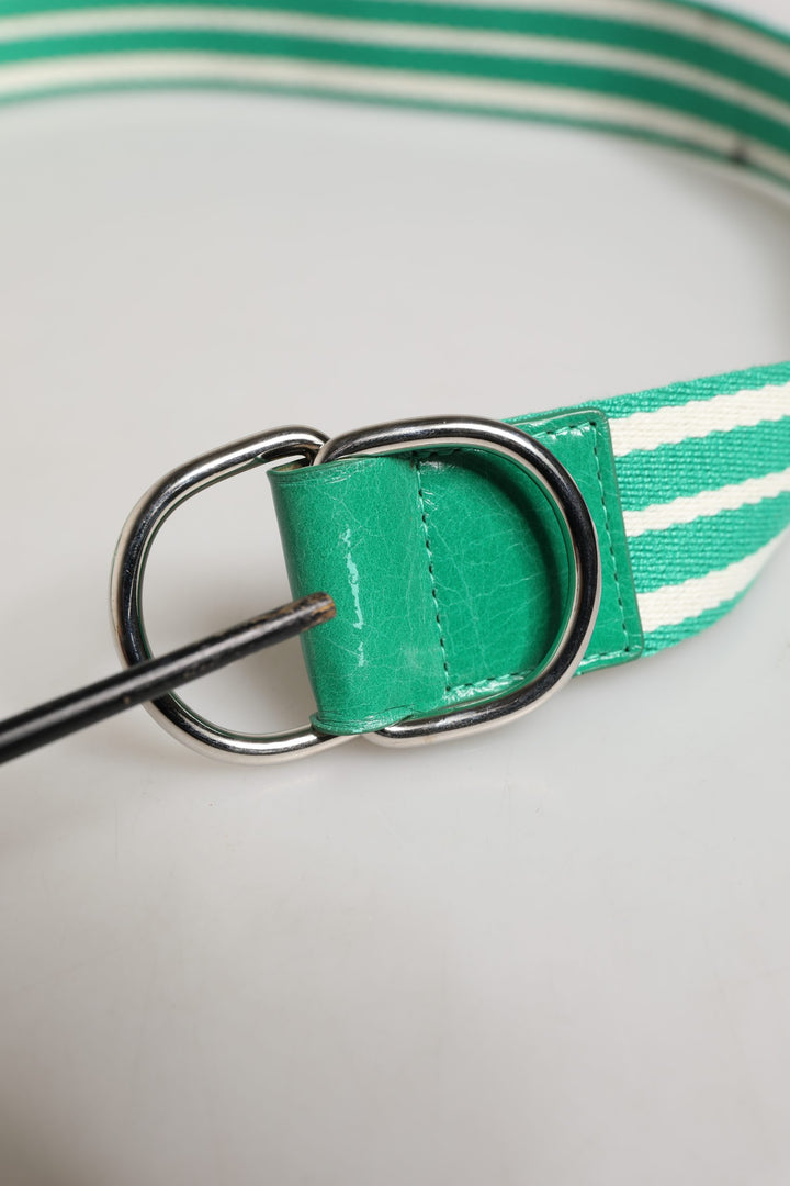 White Green Stripes Canvas Silver Metal Buckle Belt