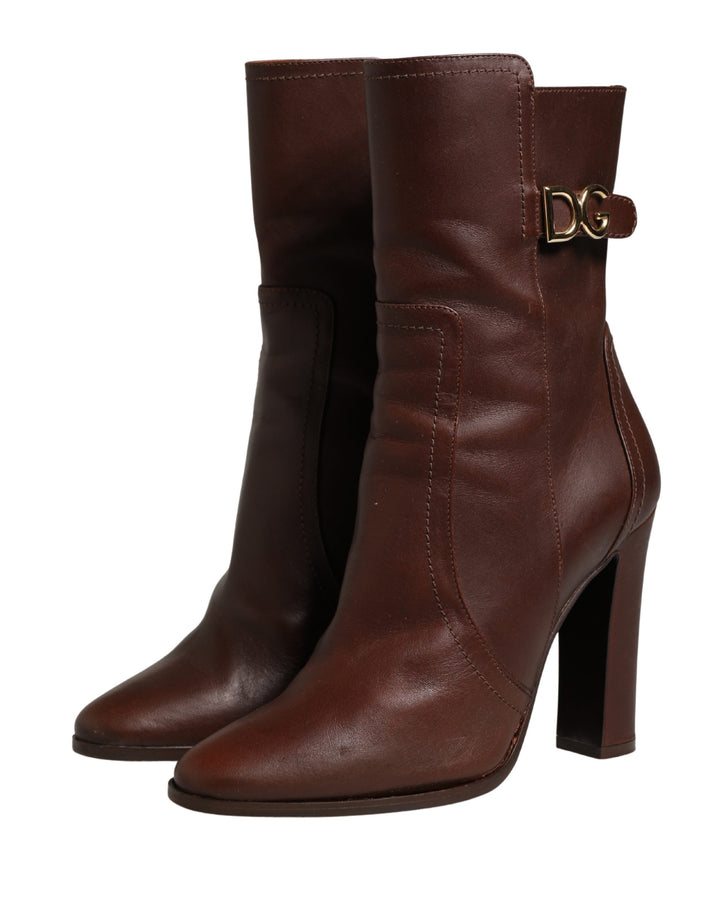 Brown Leather Heels Mid Calf Boots Shoes