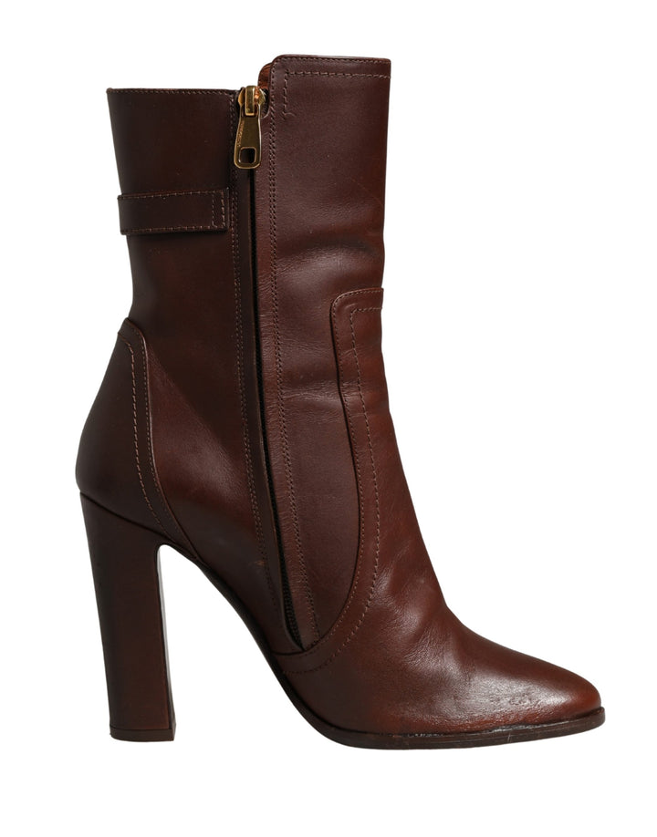 Brown Leather Heels Mid Calf Boots Shoes