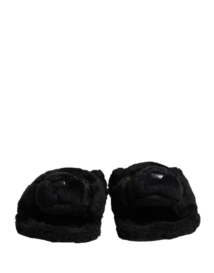 Black Faux Fur Panther Plush Flat Slides Shoes