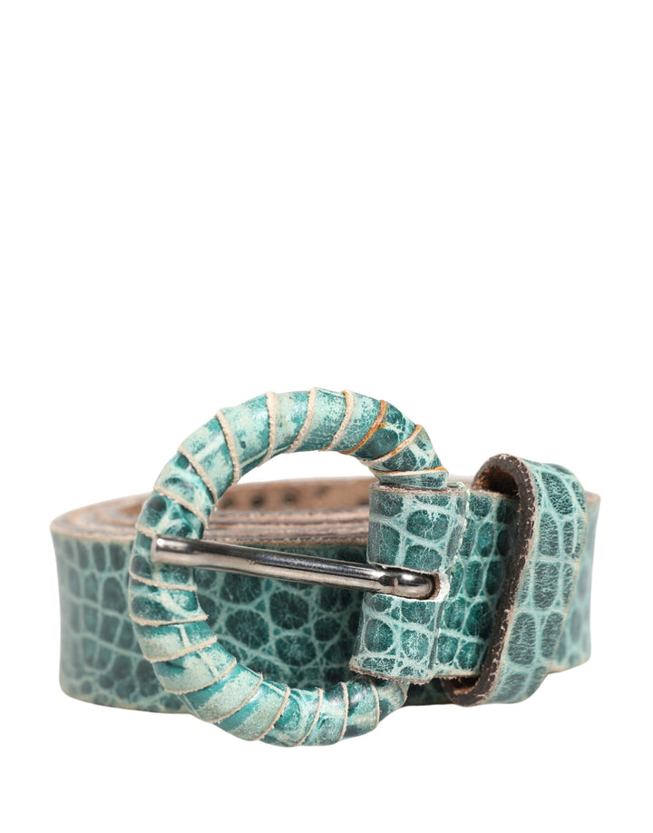 Women Green Leather Croco Print Studded Belt
