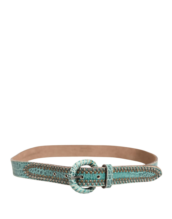 Women Green Leather Croco Print Studded Belt