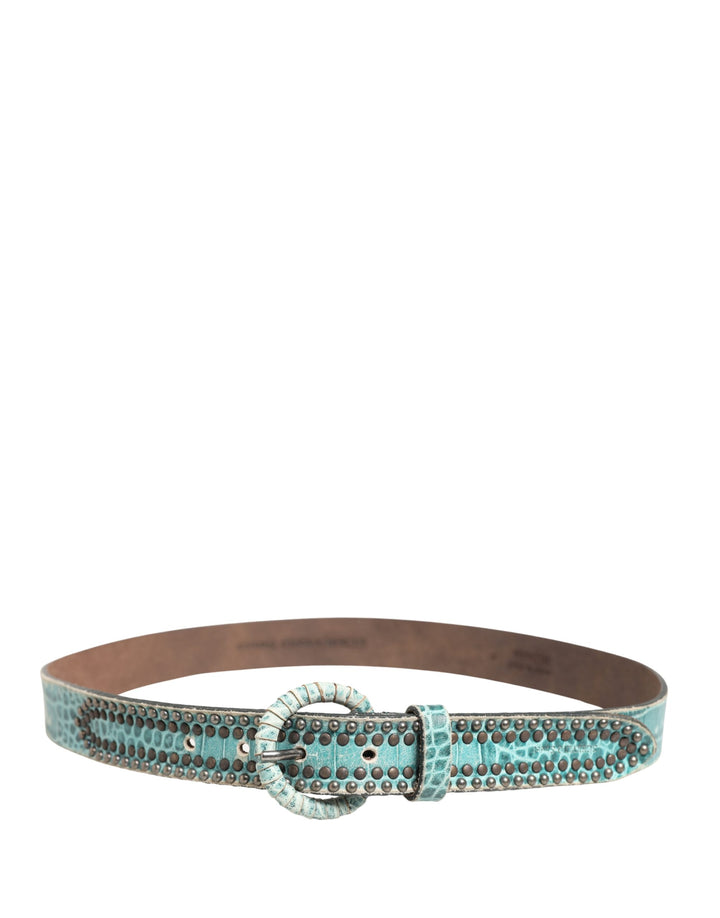 Women Green Leather Croco Print Studded Belt