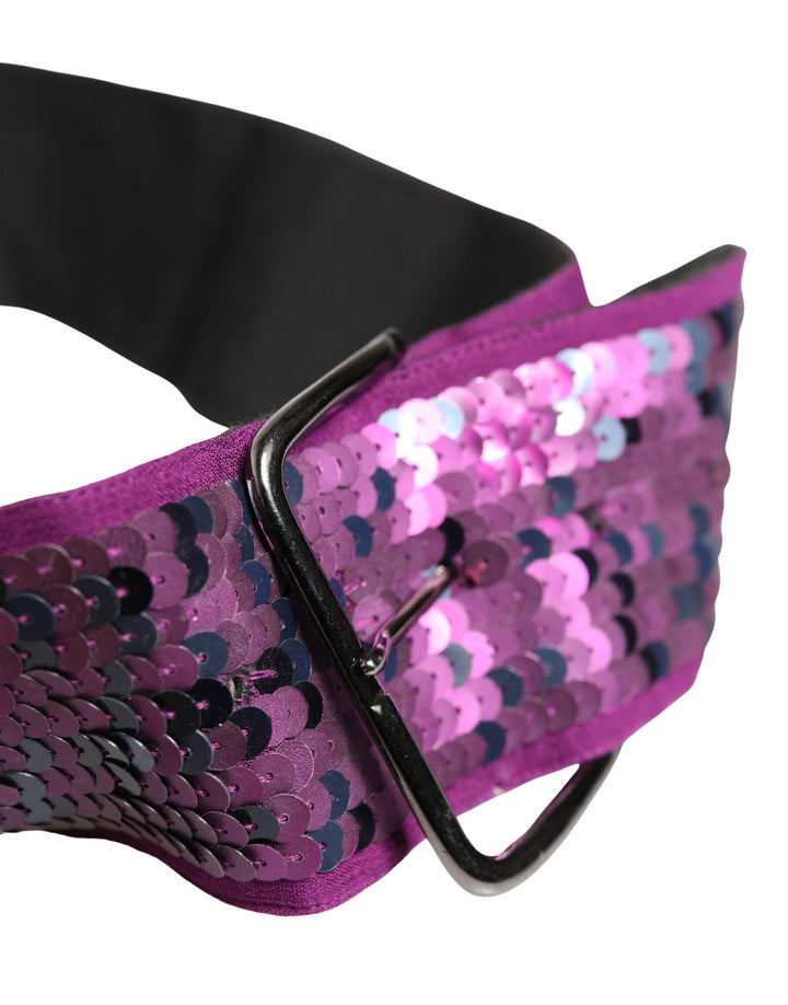 Women Purple Sequined Silver Metal Buckle Belt