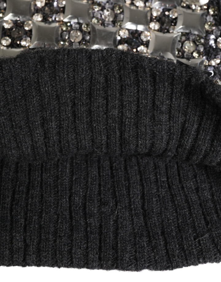 Black Wool Crystal Embellished Balaclava Hat
