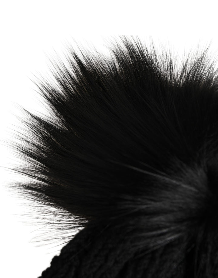 Black Acrylic Knitted Fur Winter Beanie